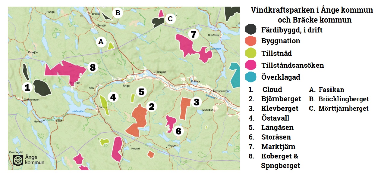 Alla aktuella vindkraftsprojekt i Ånge kommun. Karta över vindkraft i Bräcke kommun och karta över vindkraft i Ånge kommun.